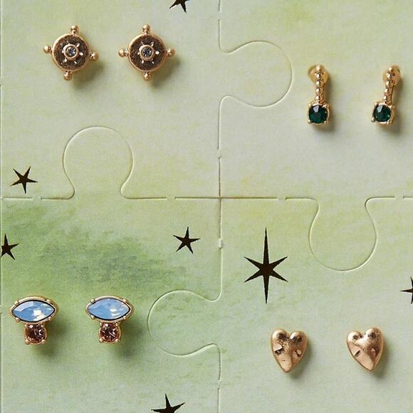 Free People Lucky Charm Stud Set Gold Tone Earrings Wear One Share One Puzzle - Picture 3 of 6